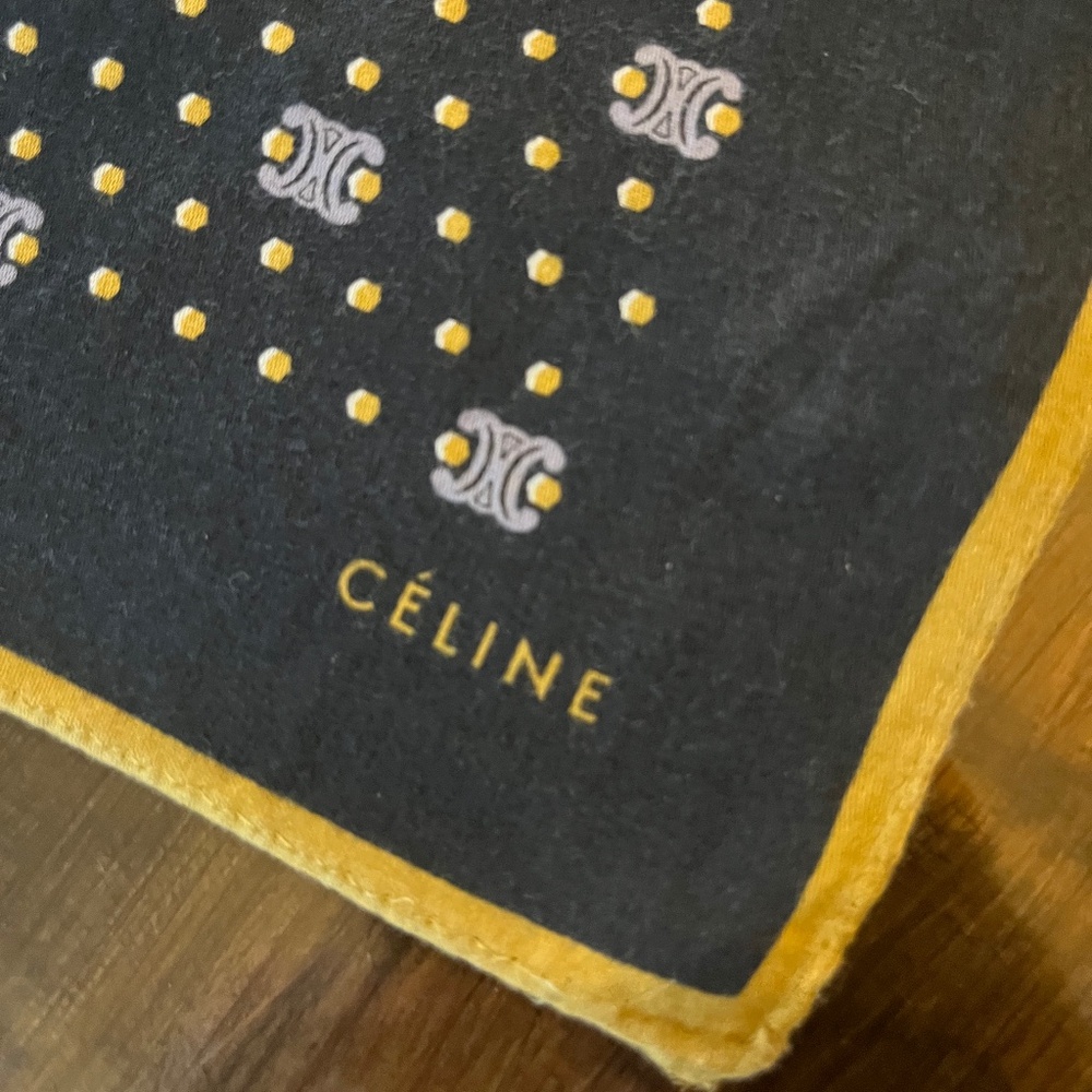 Celine black and gold silk handkerchief or neckerchief featuring the iconic Trio